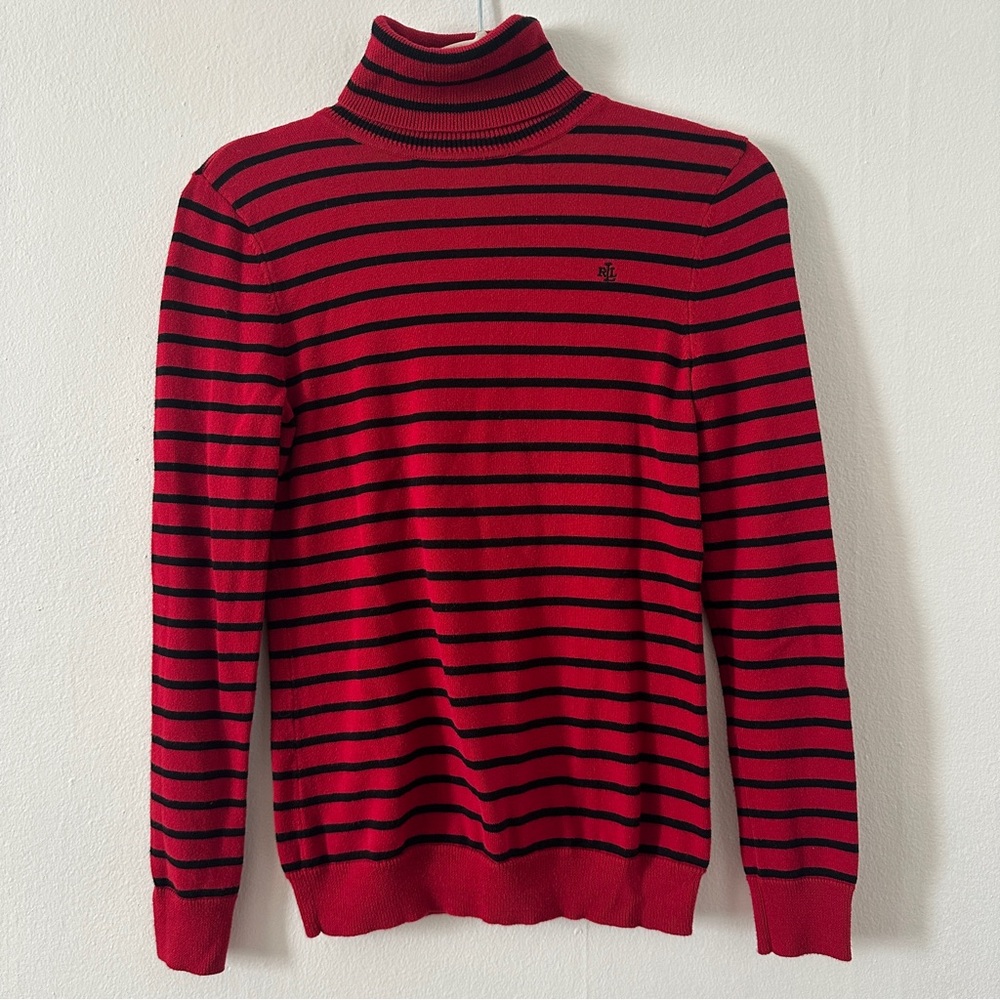Vintage Lauren by Ralph Lauren Cotton Red and Black Striped Turtleneck Sweater